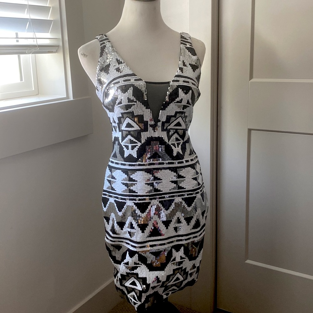 Large Black, White, and Silver Sequined Cocktail Dress
